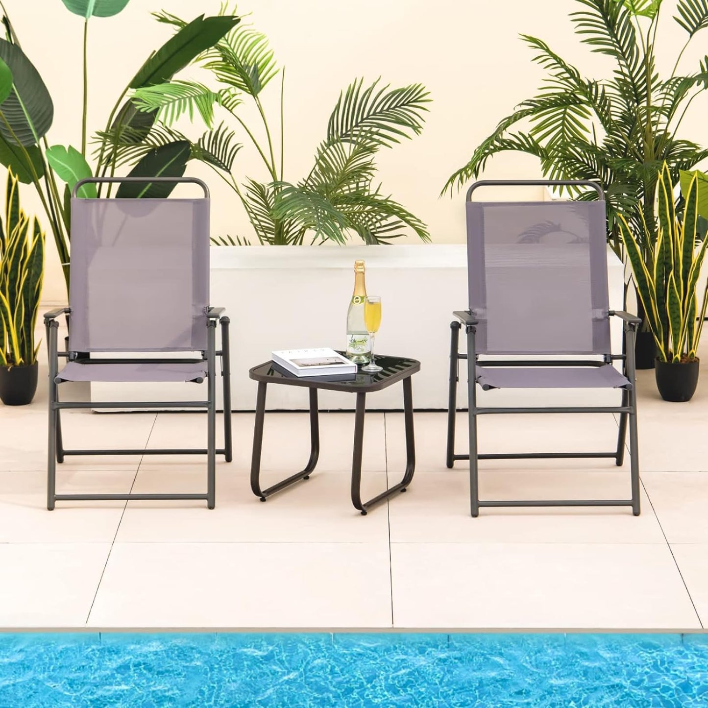 GiantexUK Folding Garden Chairs Set of 2/4, Metal Frame Dining Chairs with High Backrest, Armrests & Anti-slip Foot Pads