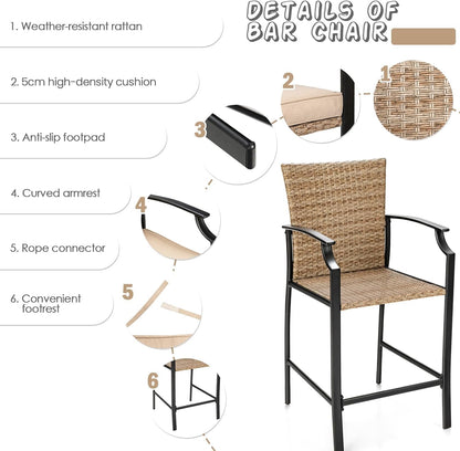 GiantexUK 5 Pieces Outdoor Bar Stool Set, Patio Rattan Bistro Set with 4 Wicker Bar Chairs & 1 Bar Table