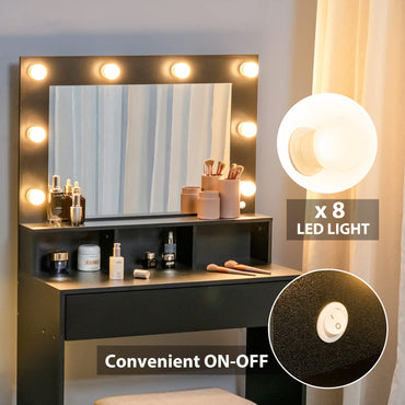 Dressing Table Set with LED Lights Hollywood Mirror, Drawer and Shelves