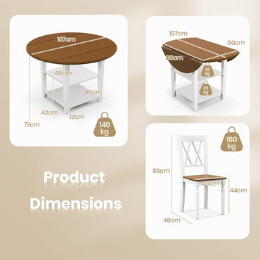 Drop Leaf Dining Table and 4 Chairs, 5 Piece Extendable Kitchen Table Set with 2-Tier Storage Shelf and High Backrest