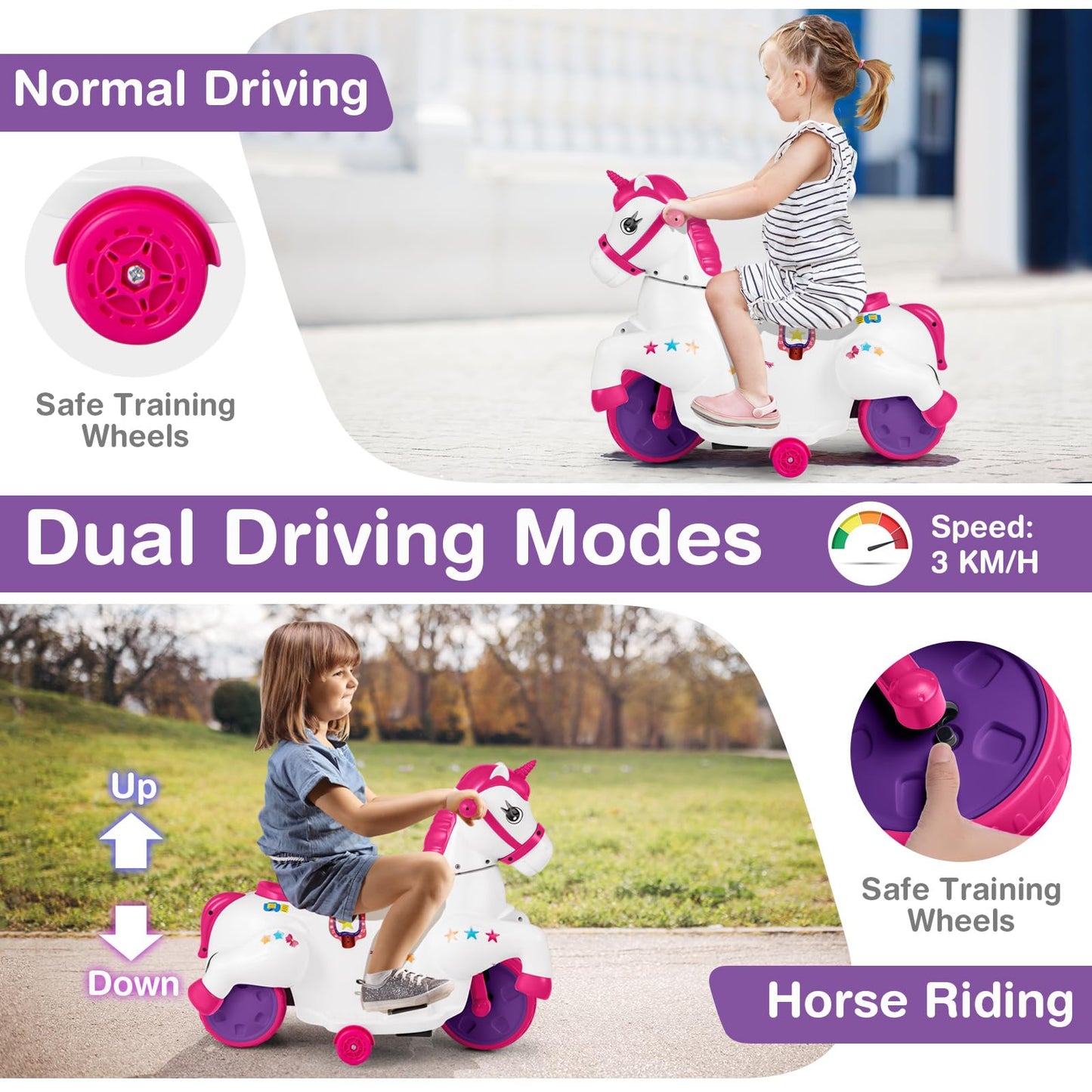 12V Kids Ride on Toy, Electric Ride on Unicorn with Training Wheels, Horse Riding Mode