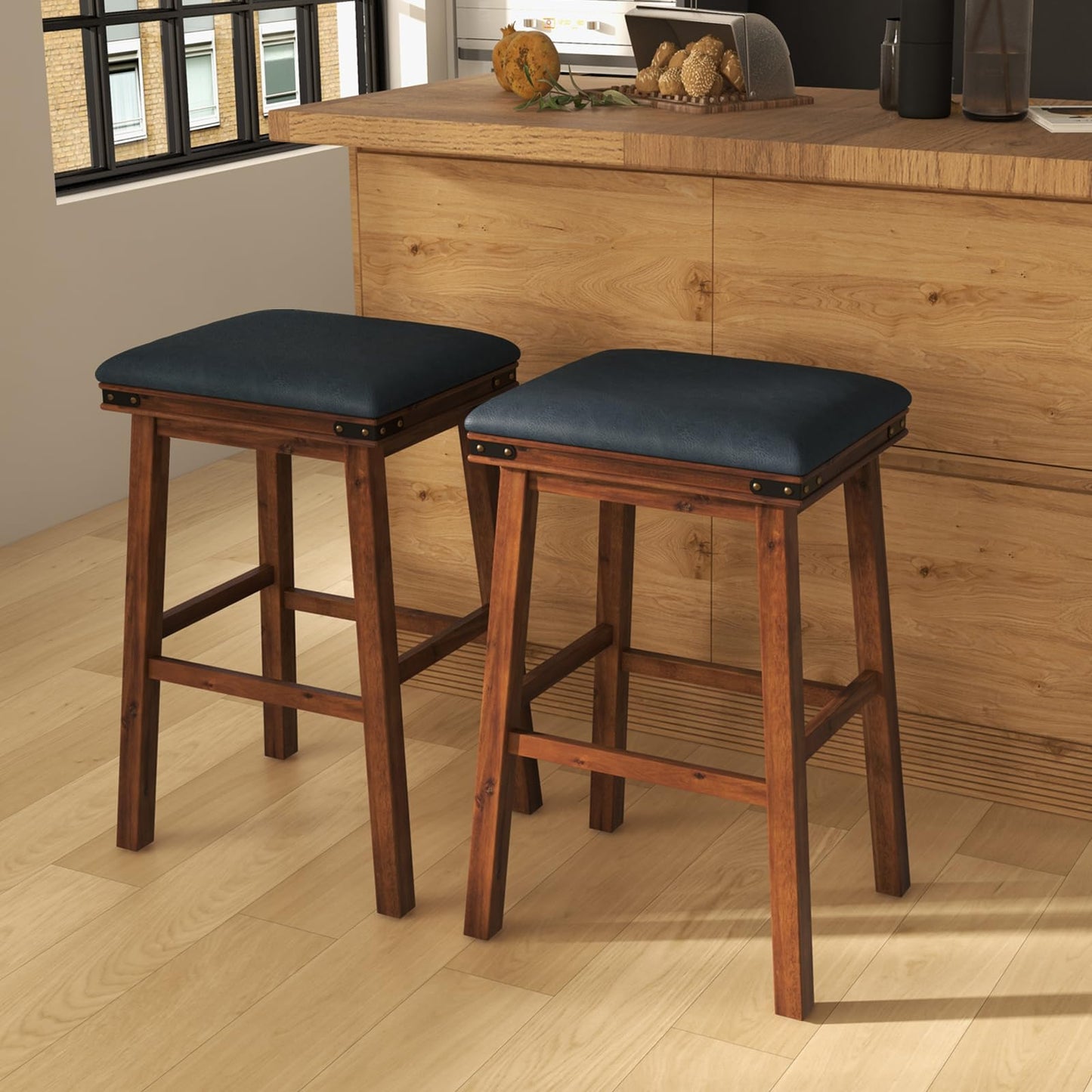 GiantexUK Bar Stools Set of 2, PU Leather Upholstered Kitchen Barstools with Acacia Wood Legs, 50x40x76cm