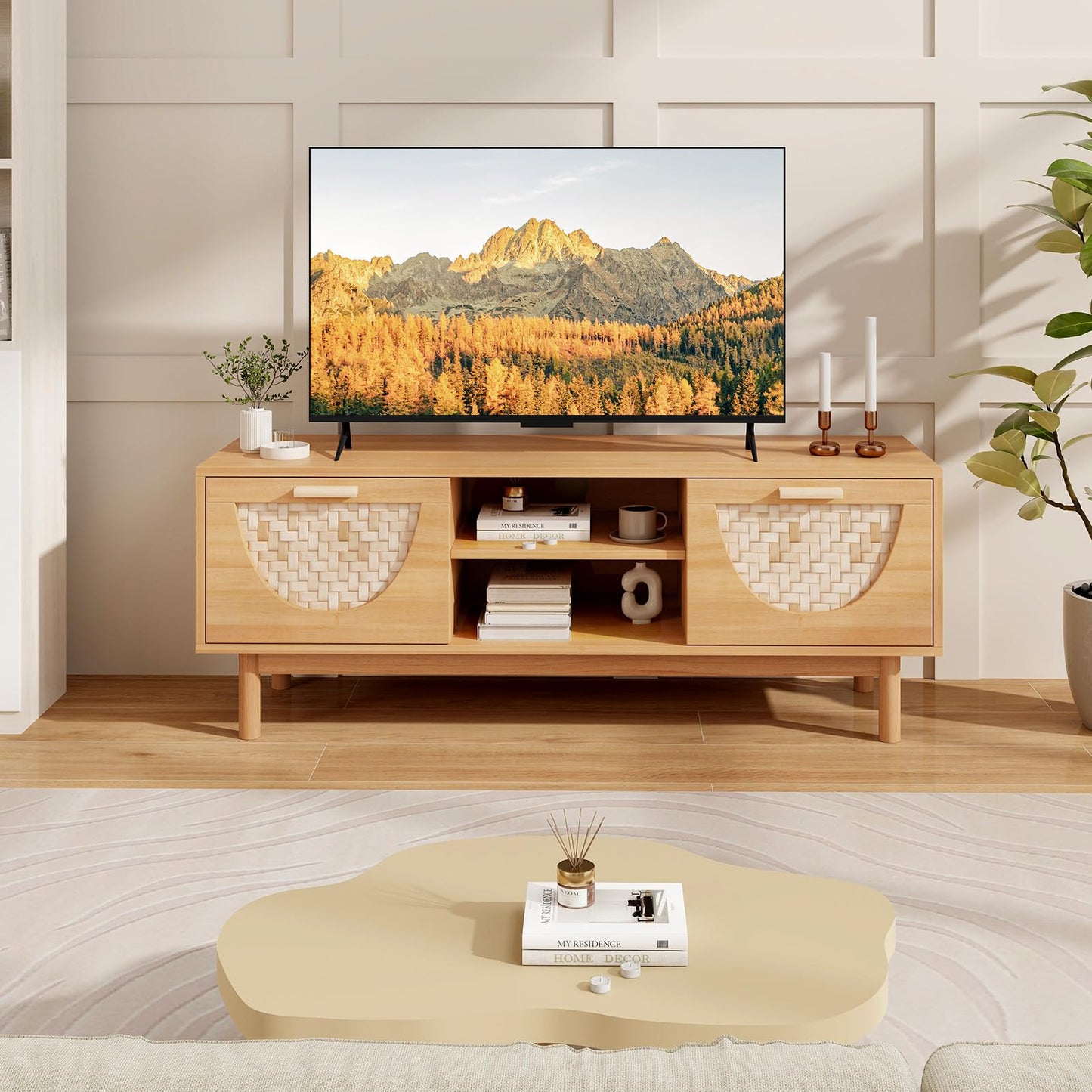 TV Stand for TVs up to 55 Inches, Wooden TV Cabinet Media Entertainment Center with 2 Bamboo Woven Drawers and Storage Shelves