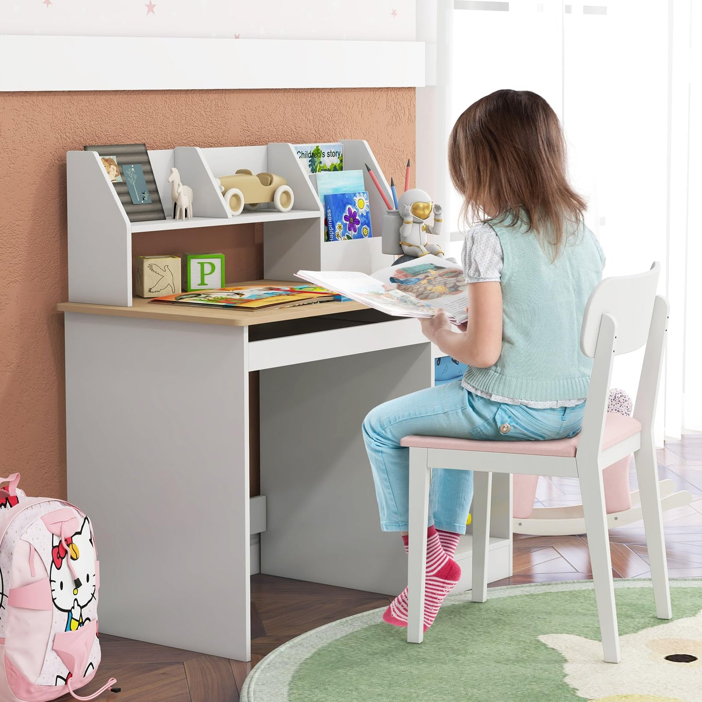 Kids Study Desk, Wooden Children Table with Drawer, Shelves, Hutch, Keyboard Tray