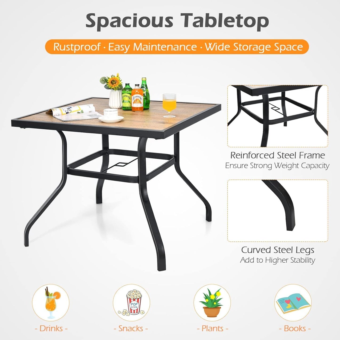 GiantexUK 90 cm Square Patio Dining Table with Powder-Coated Steel Frame