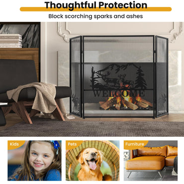 GiantexUK 3-Panel Folding Fire Guard, Heavy Duty Metal Mesh Fireplace Screen (Moose Pattern, 132x79cm)