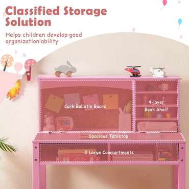 Kids Desk and Chair Set, Wooden Children Study Table with Hutch, Cork Board, Storage Shelves