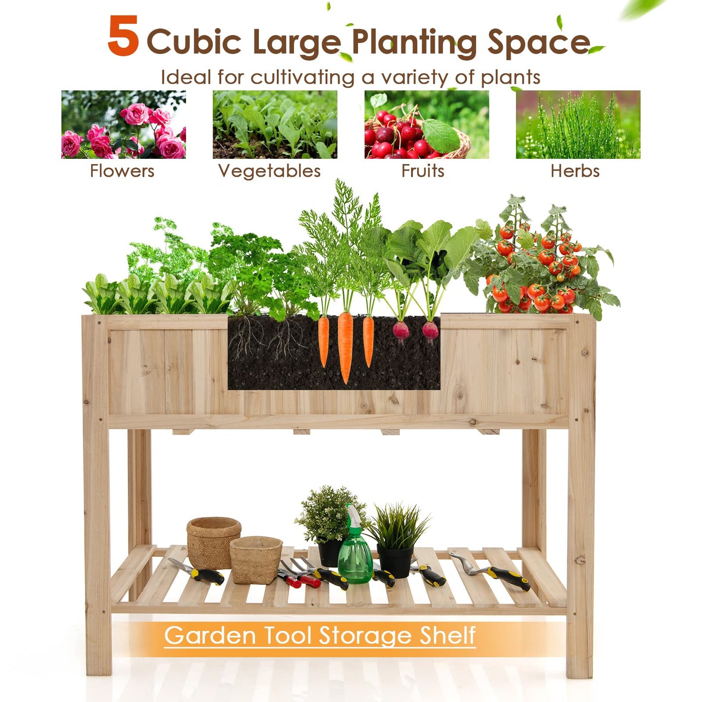 GiantexUK Raised Garden Bed, Elevated Wooden Planter Box with Storage Shelf (No Wheels, 120x58x89cm)