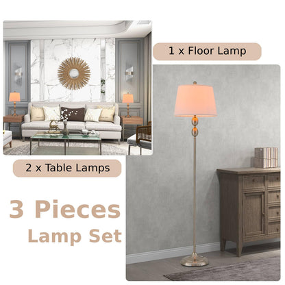 GiantexUK 3 Pack Lamp Set, Modern Floor Lamp and Table Lamps Set with Linen Fabric Lampshade, Weighted Base & E27 Socket