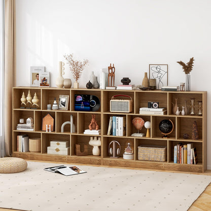 Wooden Cube Bookcase, 3 Tier Open Storage Shelving Unit with 10 Compartments, 140 x 24 x 104cm