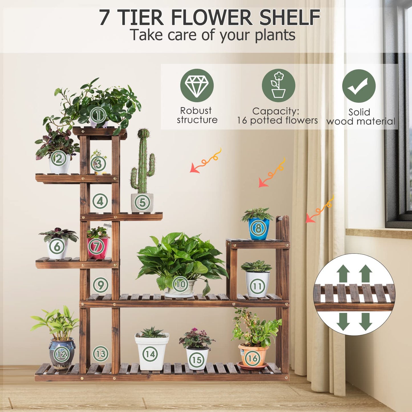 7 Tier Plant Stand, 16 Potted Wooden Flower Pots Rack, Multifunctional Bonsai Display Holder