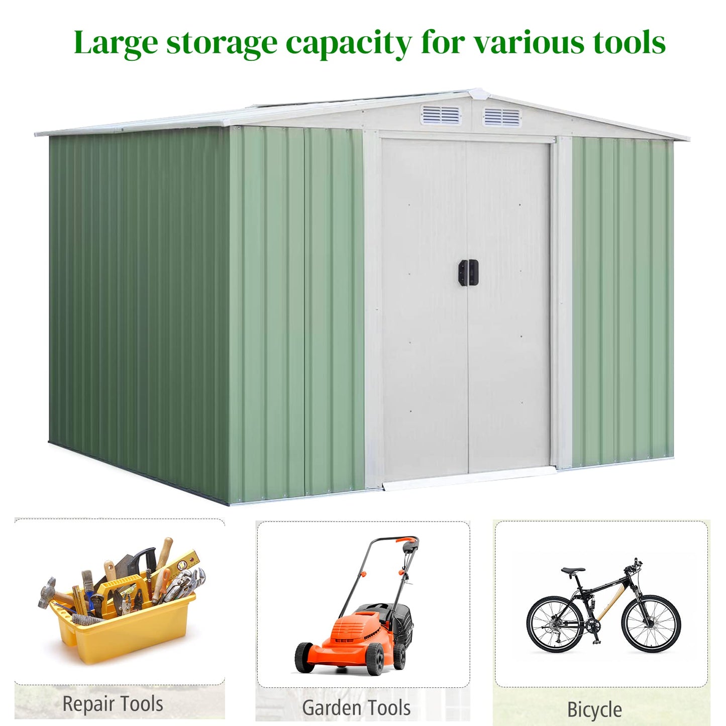 GiantexUK 8x6FT Metal Garden Shed, Slope Roof Utility Shed Building for Backyard Garage (8x6FT, Light Green)