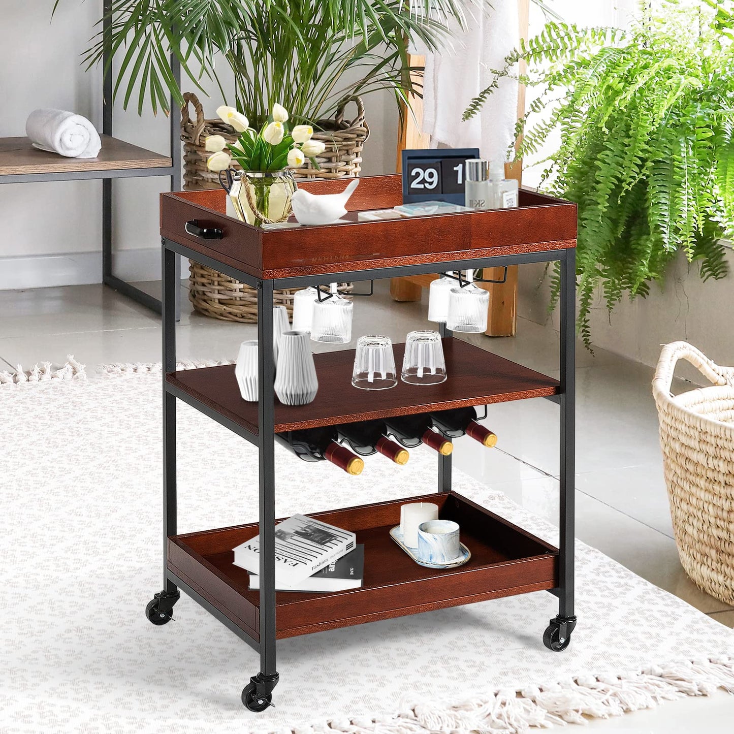 GiantexUK Kitchen Serving Trolley, Rolling Bar Cart with Wine Rack & Glass Holders, Drinks Storage Island on Lockable Wheel (1 Tier Wine Rack, 60 x 45 x 85cm)