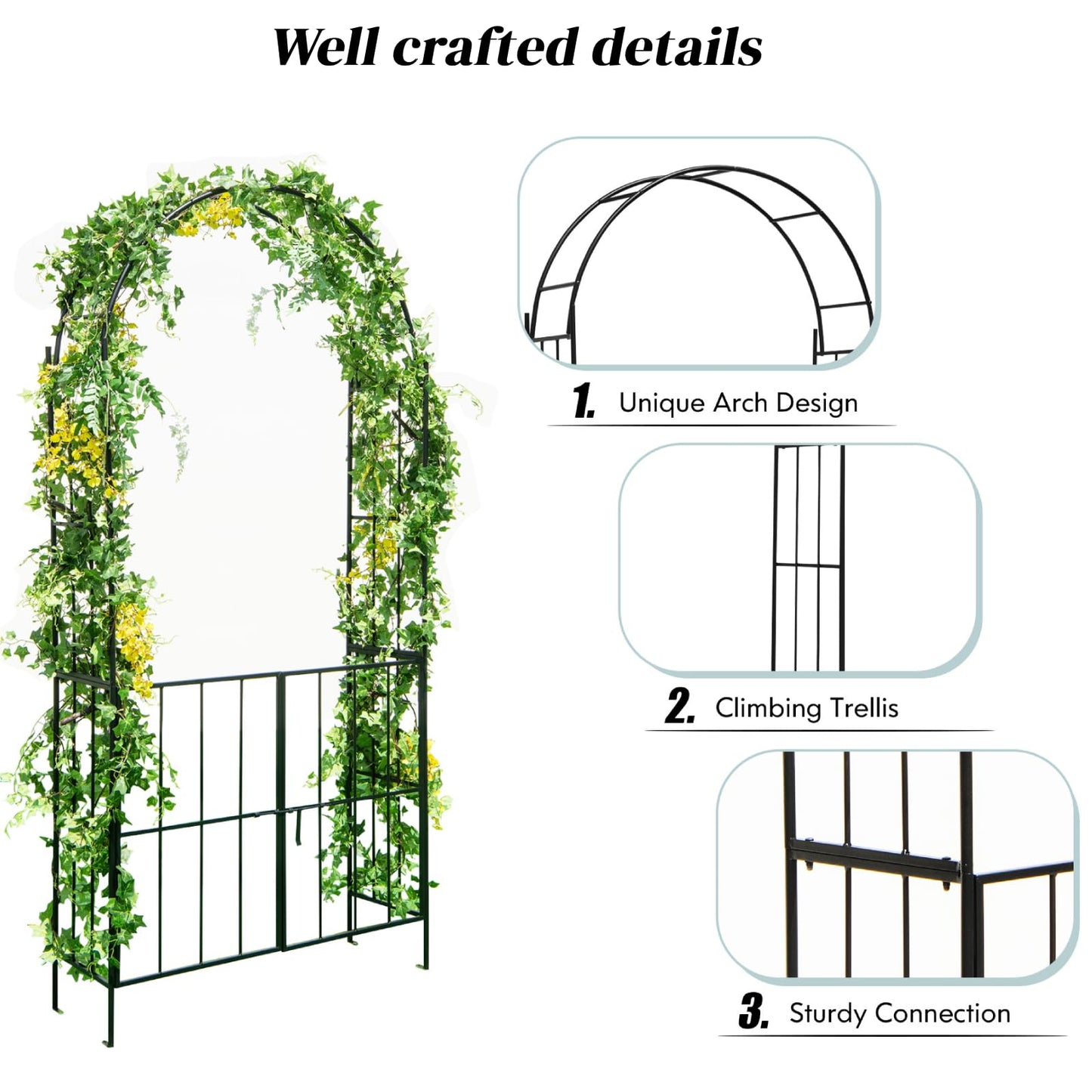 GiantexUK Metal Garden Arch with Gate, Heavy Duty Trellis Pergola Arbour with 4 Ground Stakes, 110 x 35 x 230cm