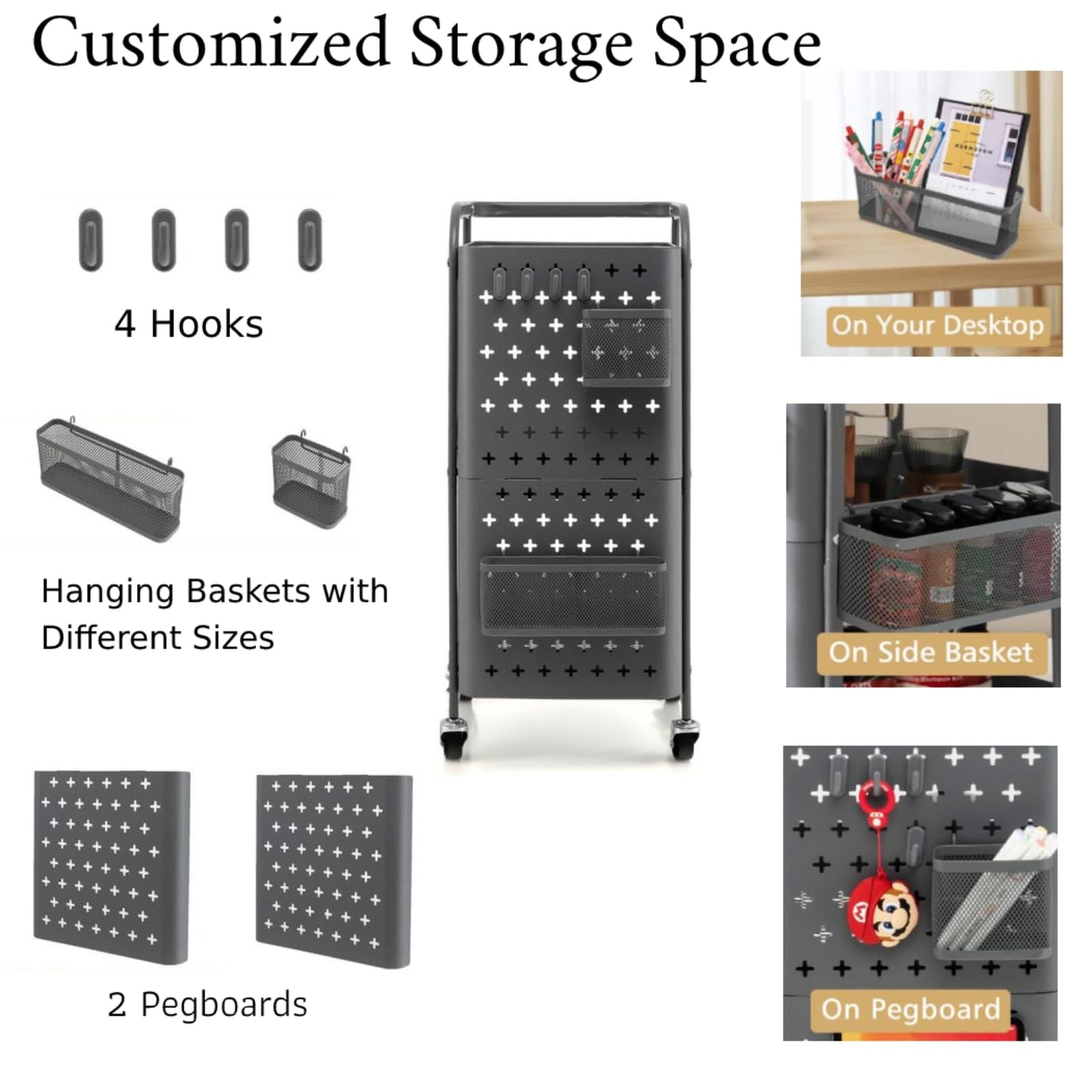 GiantexUK 3-Tier Storage Cart on Wheels, Metal Serving Trolley with Pegboards, Handle, Storage Basket & Removable Hooks