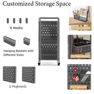 GiantexUK 3-Tier Storage Cart on Wheels, Metal Serving Trolley with Pegboards, Handle, Storage Basket & Removable Hooks