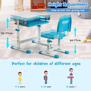 Kids Desk and Chair Set, Height Adjustable Study Table with Tilted Desktop, Drawer and Pen Slot