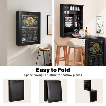 Folding Wall Mounted Drop-Leaf Table, Space Saving Floating Computer Desk with Chalkboard and Adjustable Storage Shelves