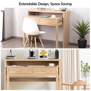 Extending Computer Desk, Wooden Study Writing Desk PC Laptop Table with 2 Storage Drawers