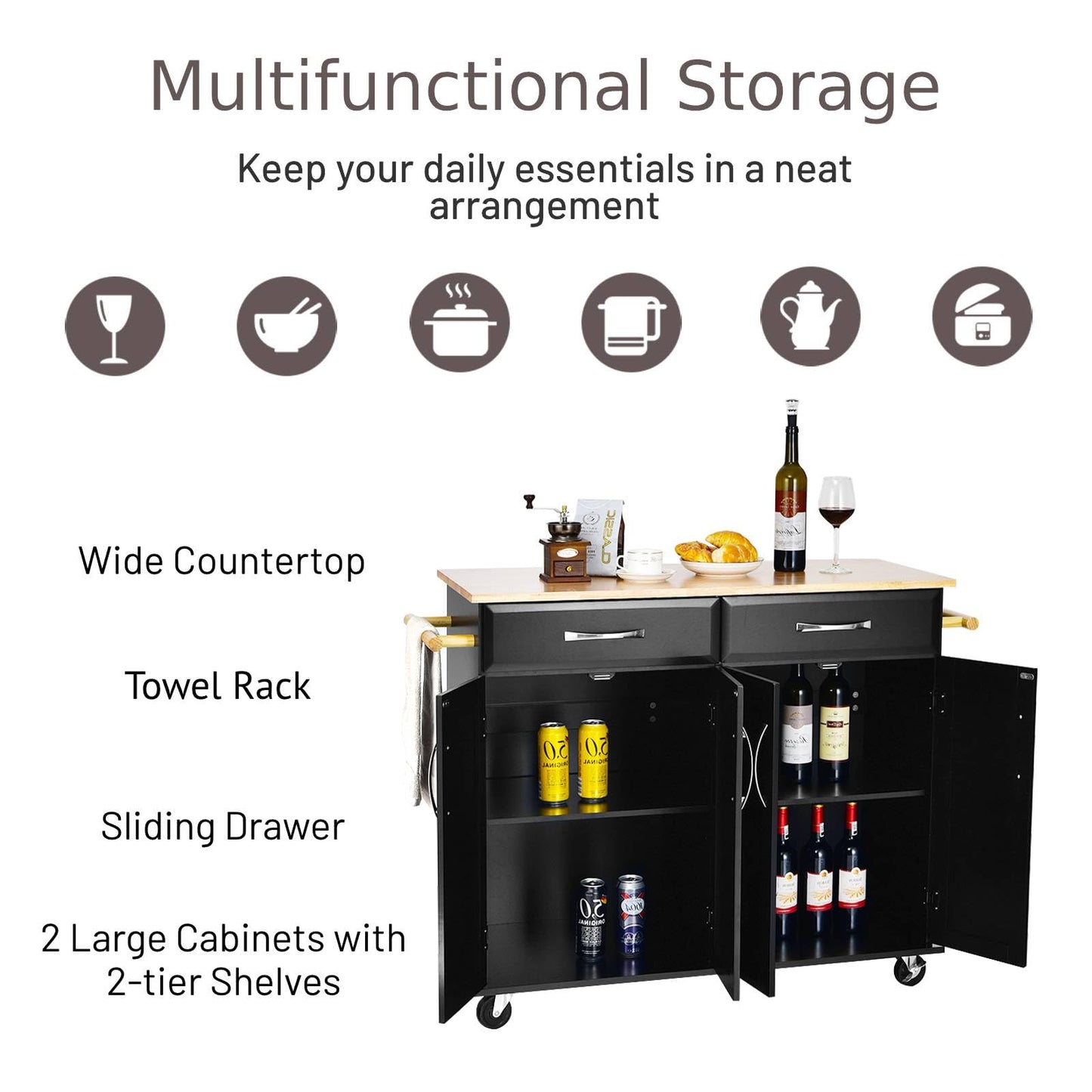 GiantexUK Kitchen Island on Wheels, Rolling Storage Serving Trolley with Rubber Wood Countertop