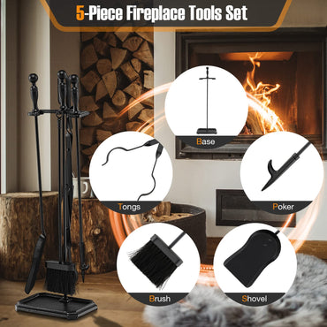 GiantexUK 5-Piece Fireplace Companion Set, Wrought Iron Fire Place Tools Set with Stand, Tong, Shovel, Brush & Poker