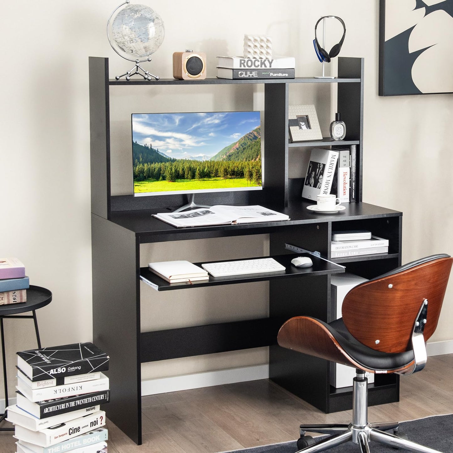 Computer Desk with Storage Bookshelf, Wooden Writing Table Workstation with USB Charging Station (Black)