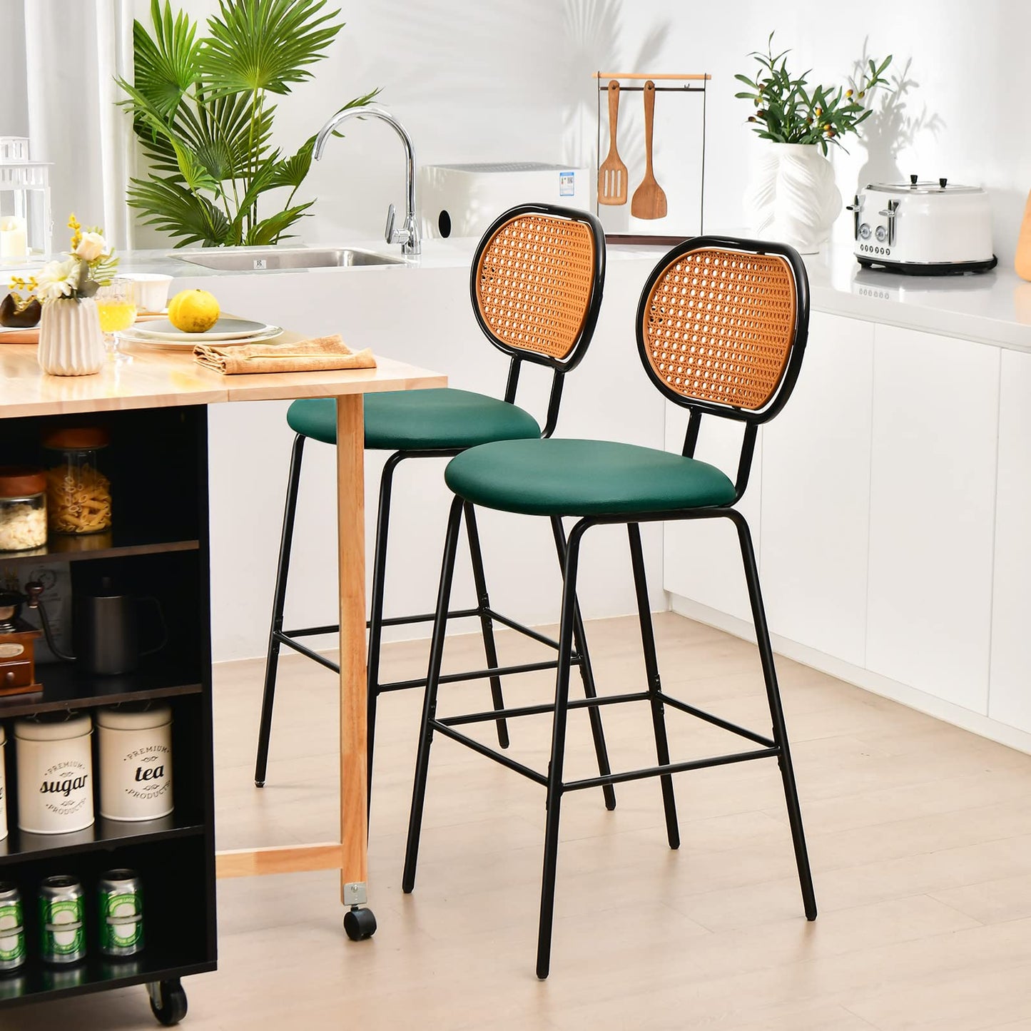 Bar Stools Set of 2, PU Leather Upholstered Bar Chairs with Imitation Rattan Backrest & Footrest