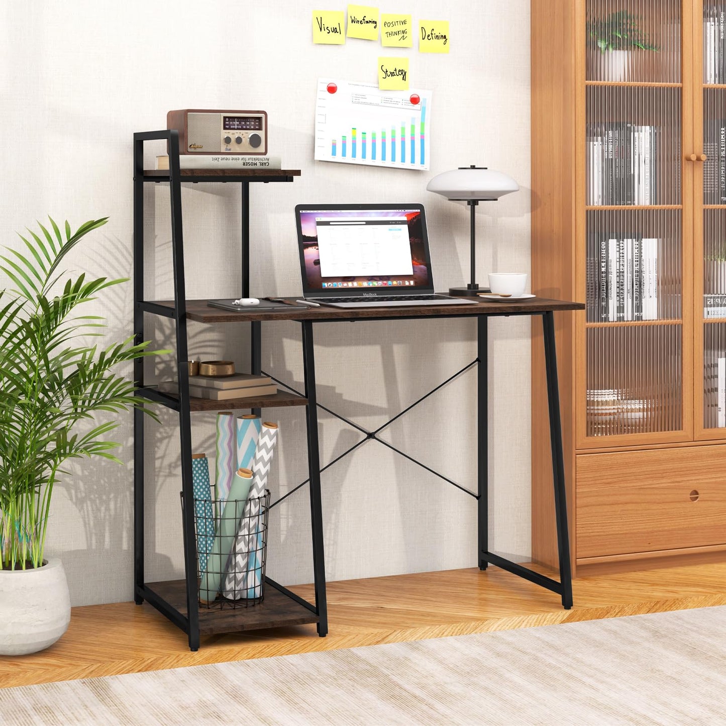 Wooden Computer Desk, 4 Tier Shelves Laptop Table with Foot Pads, Steel Frame Wide Desktop