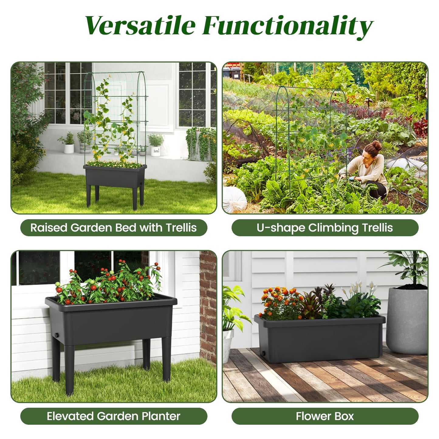 GiantexUK Raised Garden Bed with Detachable Trellis, Wooden Garden Planter Pox with Removable Legs, Self Watering & Drainage System