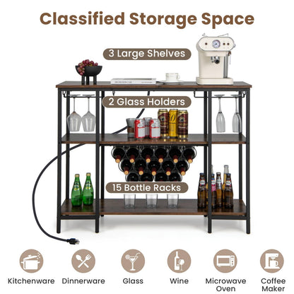 GiantexUK Wine Bar Cabinet, 3-Tier Liquor Bar Table with 15 Bottles Wine Rack, Glass Holder, Charging Station & Adjustable Foot Pads