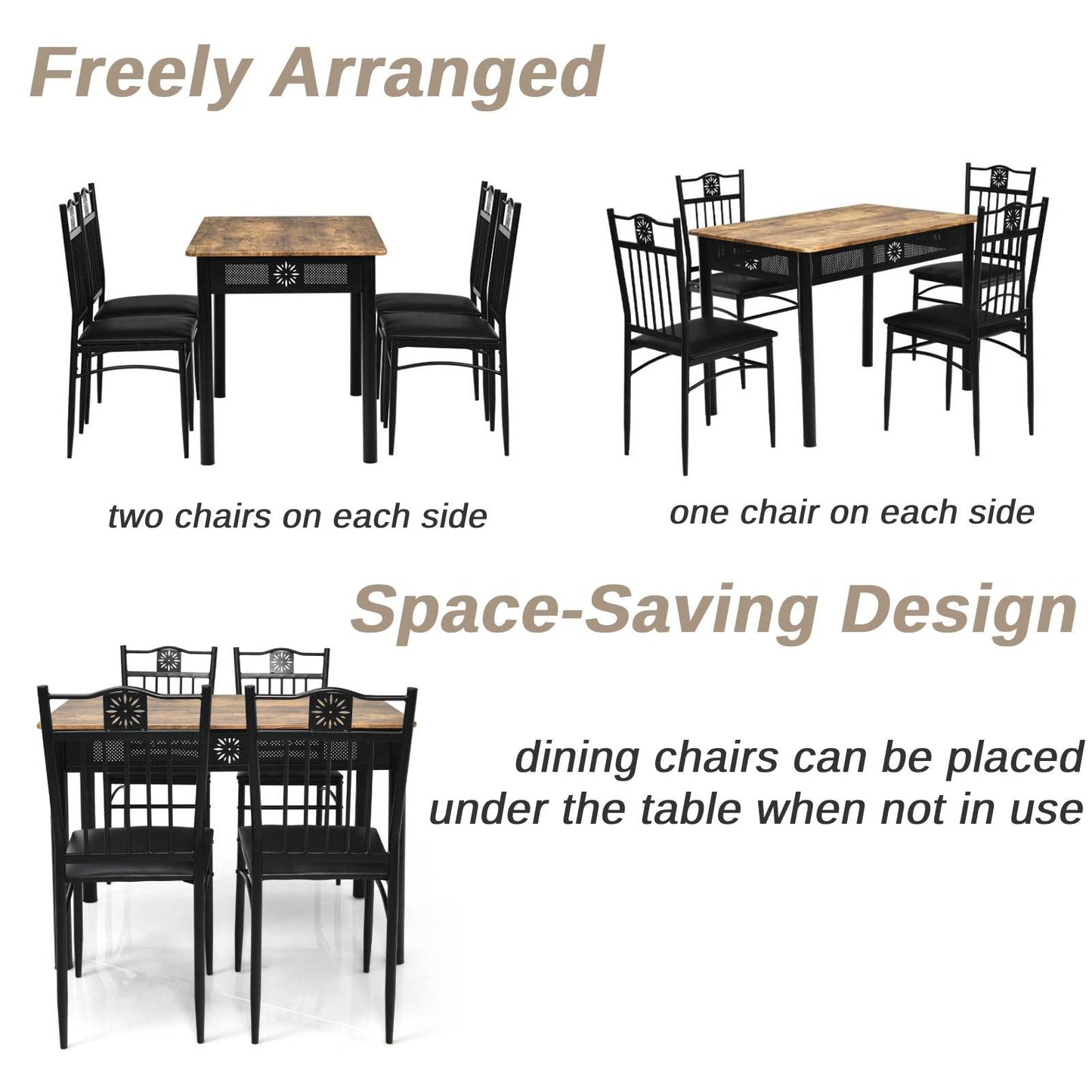 GiantexUK 5 Pieces Dining Table Set, Steel Frame Wooden Table and 4 High Back Chairs