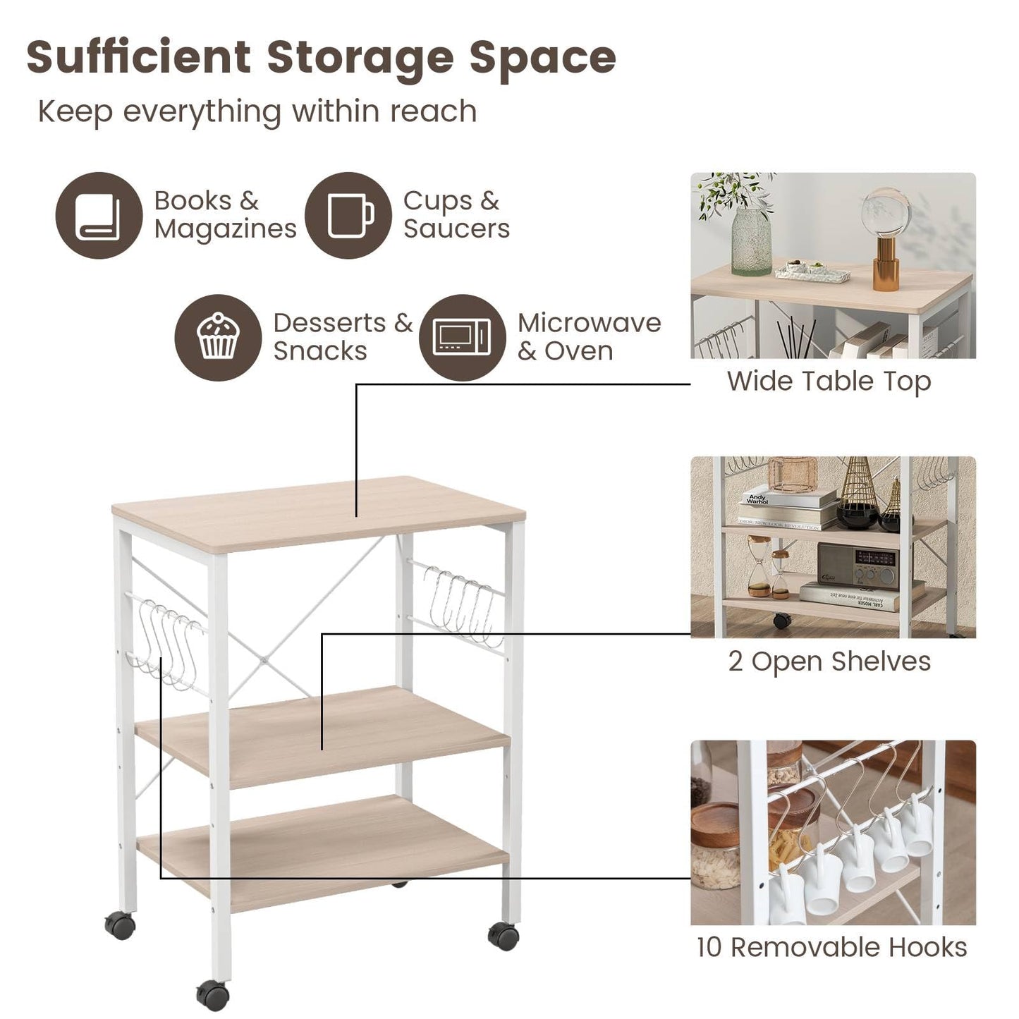 GiantexUK Kitchen Baker's Rack, 3 Tier Serving Cart Microwave Stand with Shelves, Lockable Wheels, 2 Adjustable Shelves