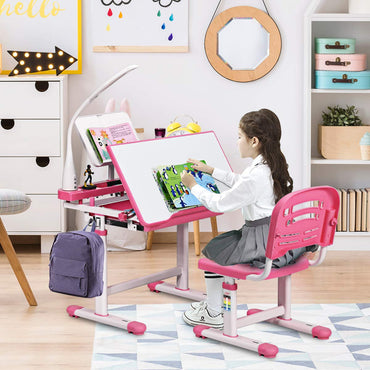 Kids Study Desk and Chair Set, Adjustable Children's Table with Eye-protection Lamp, Bookstand