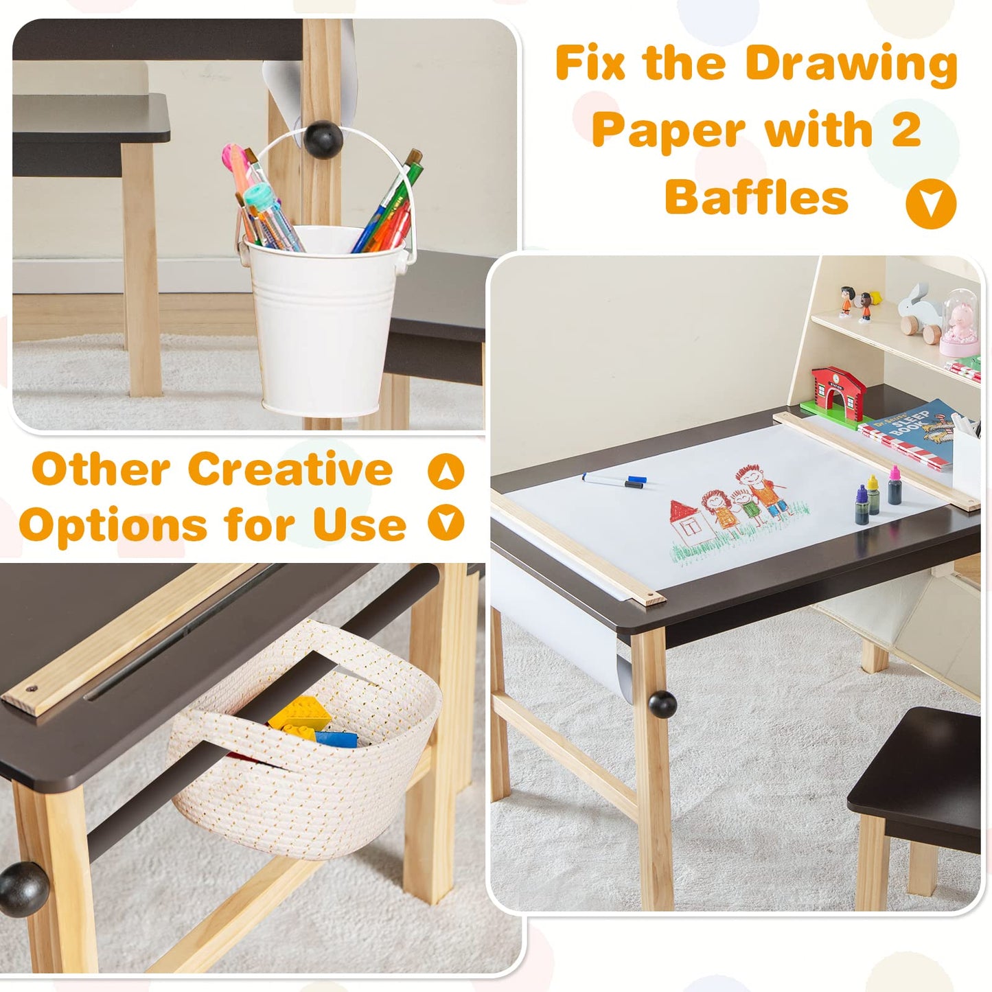 Kids Art Table and Chairs Set, Wooden Toddler Craft Desk with 2-Tier Open Shelf and 2 Storage Bins