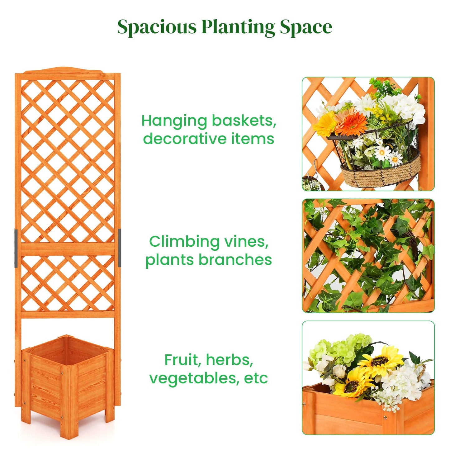 GiantexUK Garden Planter with Trellis, Wood Raised Garden Bed with Drainage Holes (55x52x180cm, Triangle Box, Orange)