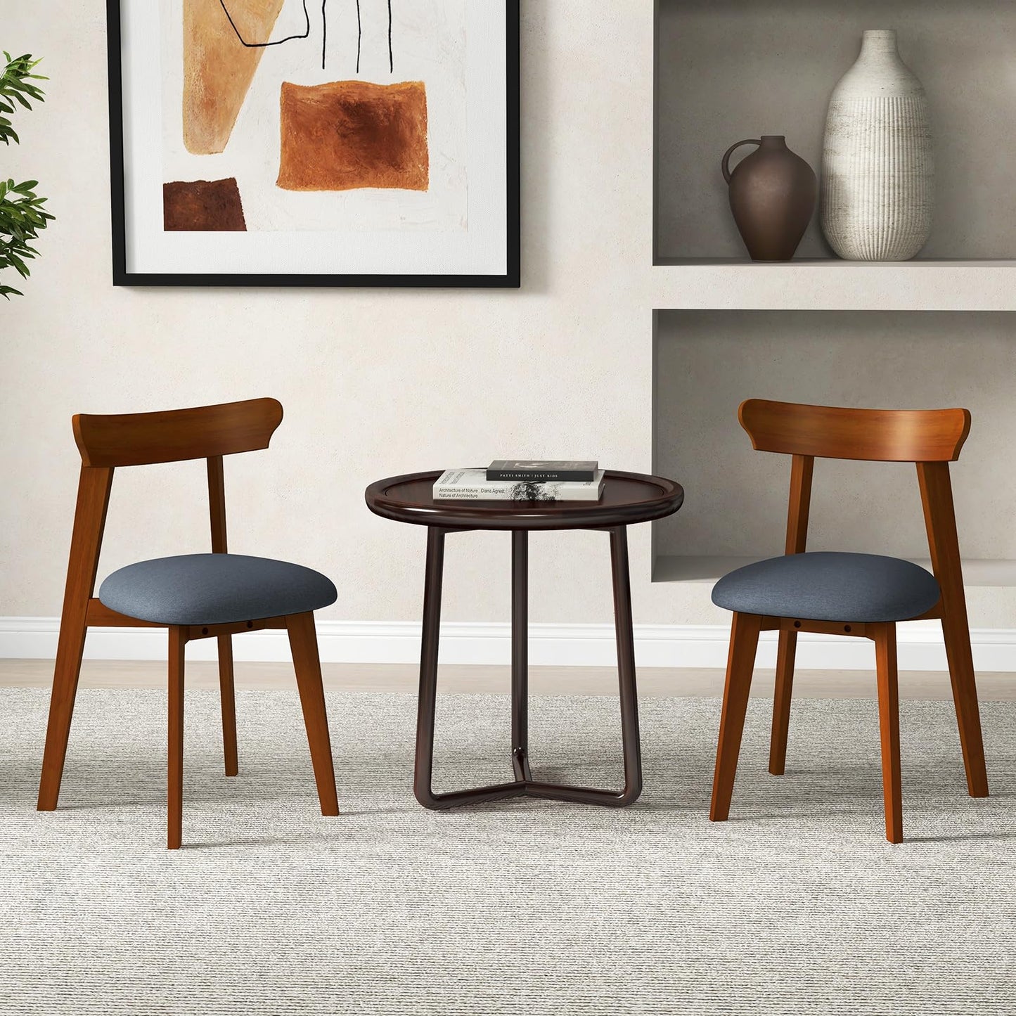 Dining Chairs Set of 2, Upholstered Kitchen Chairs with Curved Backrest & Linen-like Fabric Padded Seat