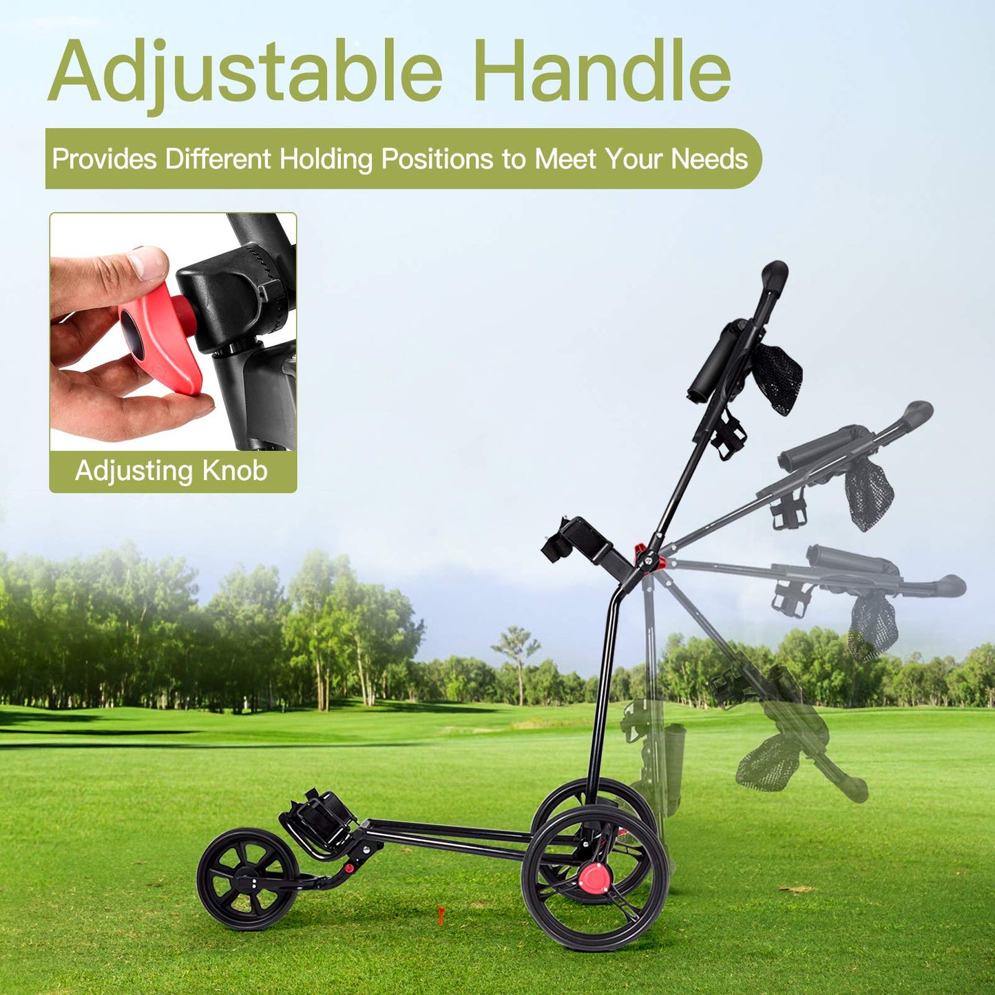 Folding Golf Push Pull Cart, Lightweight 3 Wheels Golfs Trolley with Foot Brake