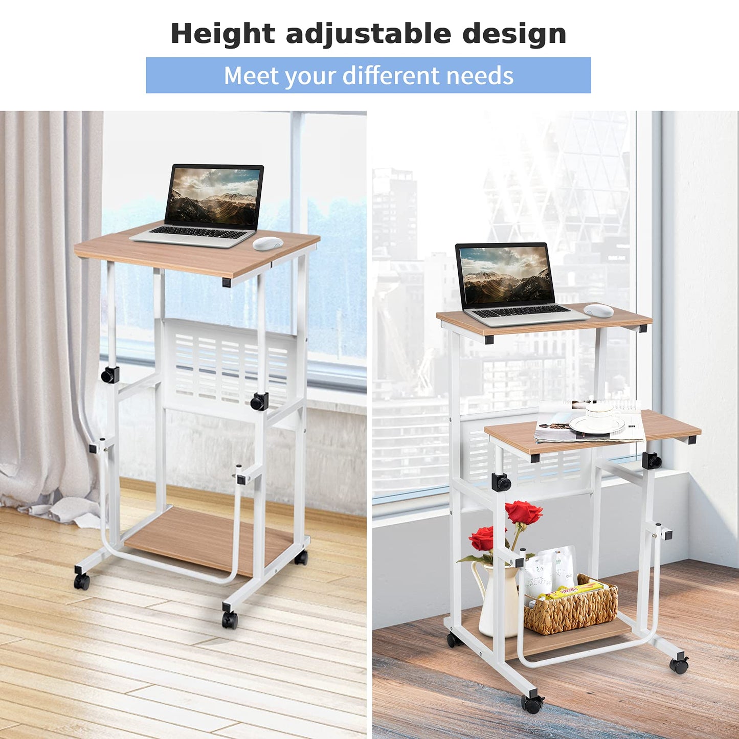 Computer Desk Height Adjustable, 2-In-1 Mobile Sit Stand Converter Lifting Desk with Wheels and Footrest