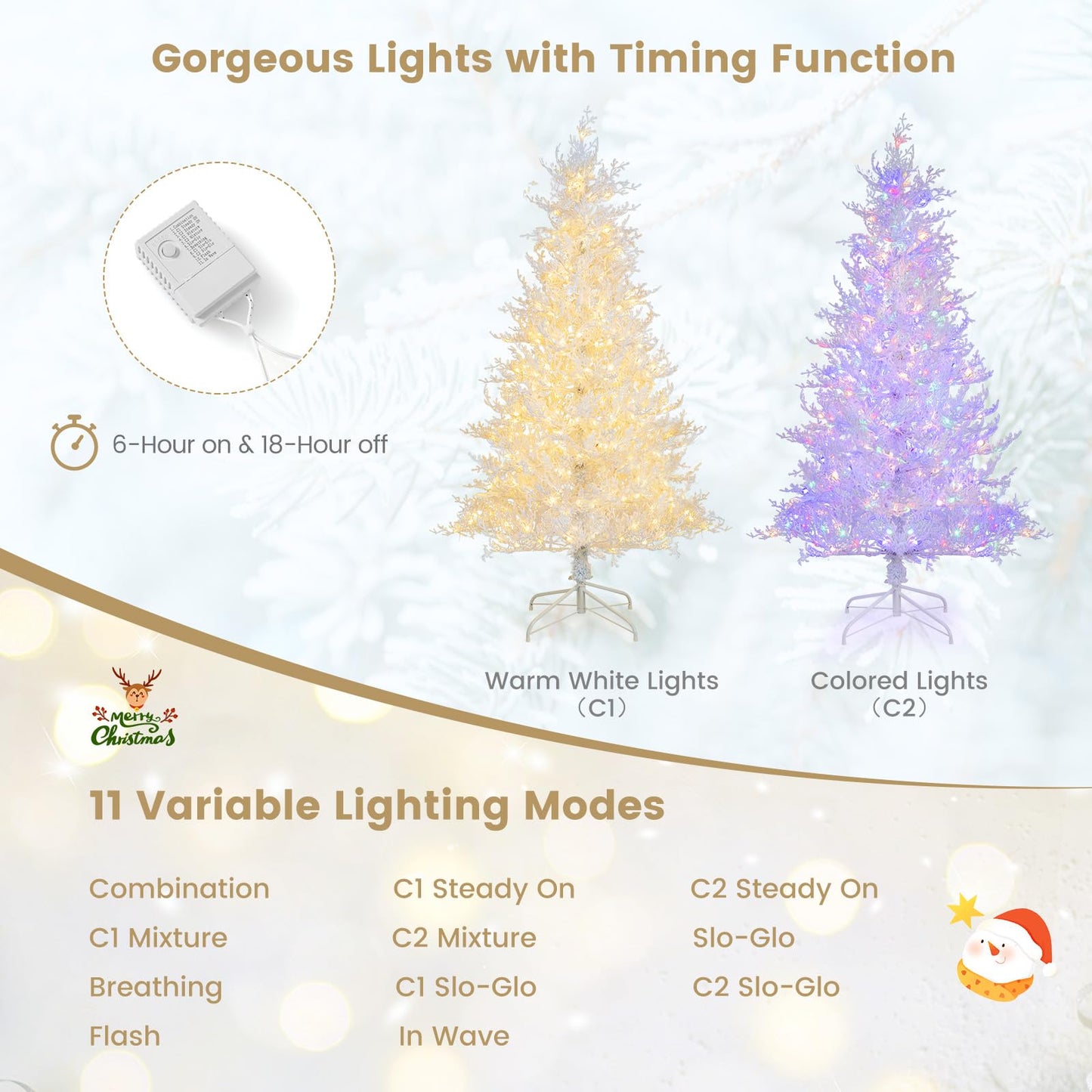 6FT Pre-lit Christmas Tree, Hinged Artificial Xmas Tree with 383 Snow Flocked Branch Tips