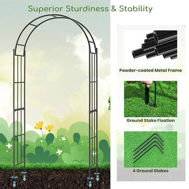 GiantexUK Metal Garden Arbour, Steel Frame Climbing Plants Support Trellis Arch with 4 Ground Stakes(110x35x230cm, Straight Patterns)