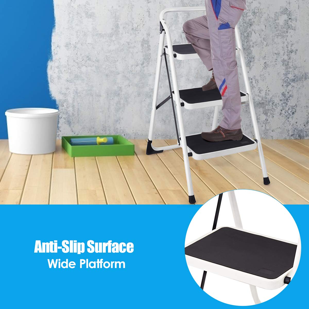 GiantexUK Folding 3 Step Ladder, Steel Stepladder with Anti-Slip Pedal & Reinforced Crossbar (3 Step, 47x68x98cm)