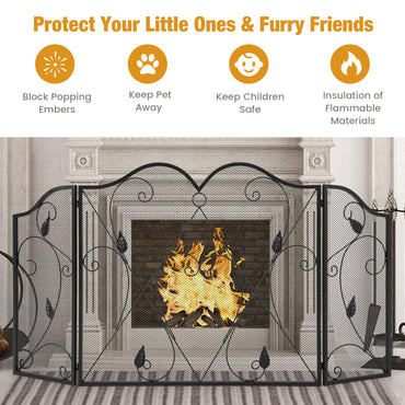 GiantexUK 3-Panel Folding Fireplace Screen, 134 x 73cm Heavy Duty Metal Mesh Spark Guard