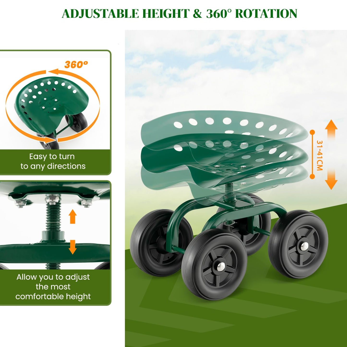 GiantexUK Rolling Garden Cart, Outdoor Gardening Planting Station Trolley with Adjustable Swivel Seat