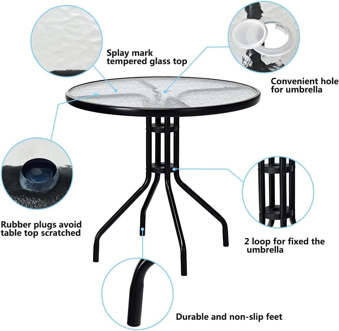 GiantexUK 70 cm Patio Table with Tempered Glass Tabletop and Sturdy Metal Legs