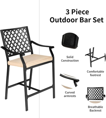 GiantexUK 3 PCS Patio Bistro Set, Metal Frame Garden Furniture Set with Cushions and Footrests