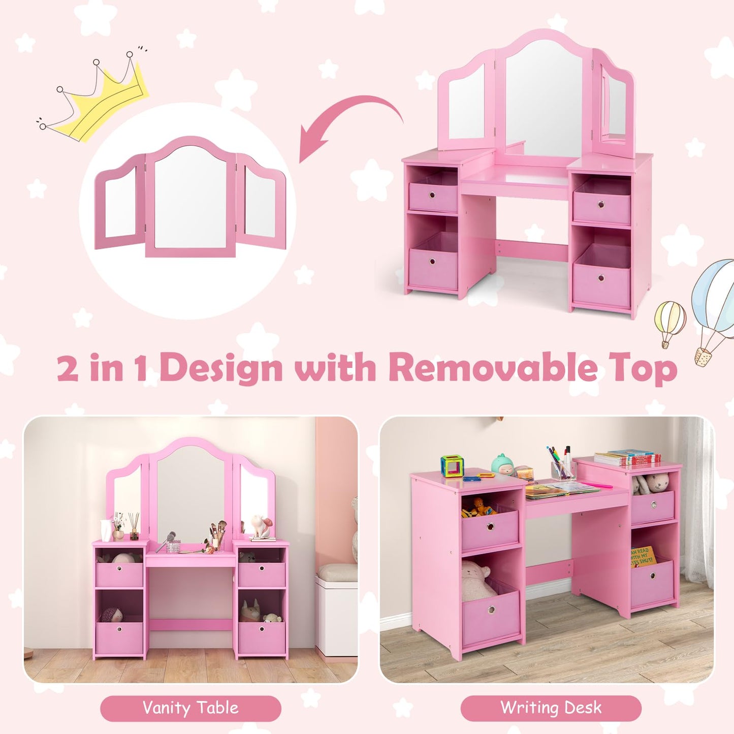 Kids Dressing Table with Tri-Folding Detachable Mirror, 4 Storage Bins, Girls Makeup Vanity Tables for Playroom Bedroom