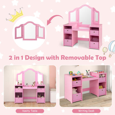 Kids Dressing Table with Tri-Folding Detachable Mirror, 4 Storage Bins, Girls Makeup Vanity Tables for Playroom Bedroom