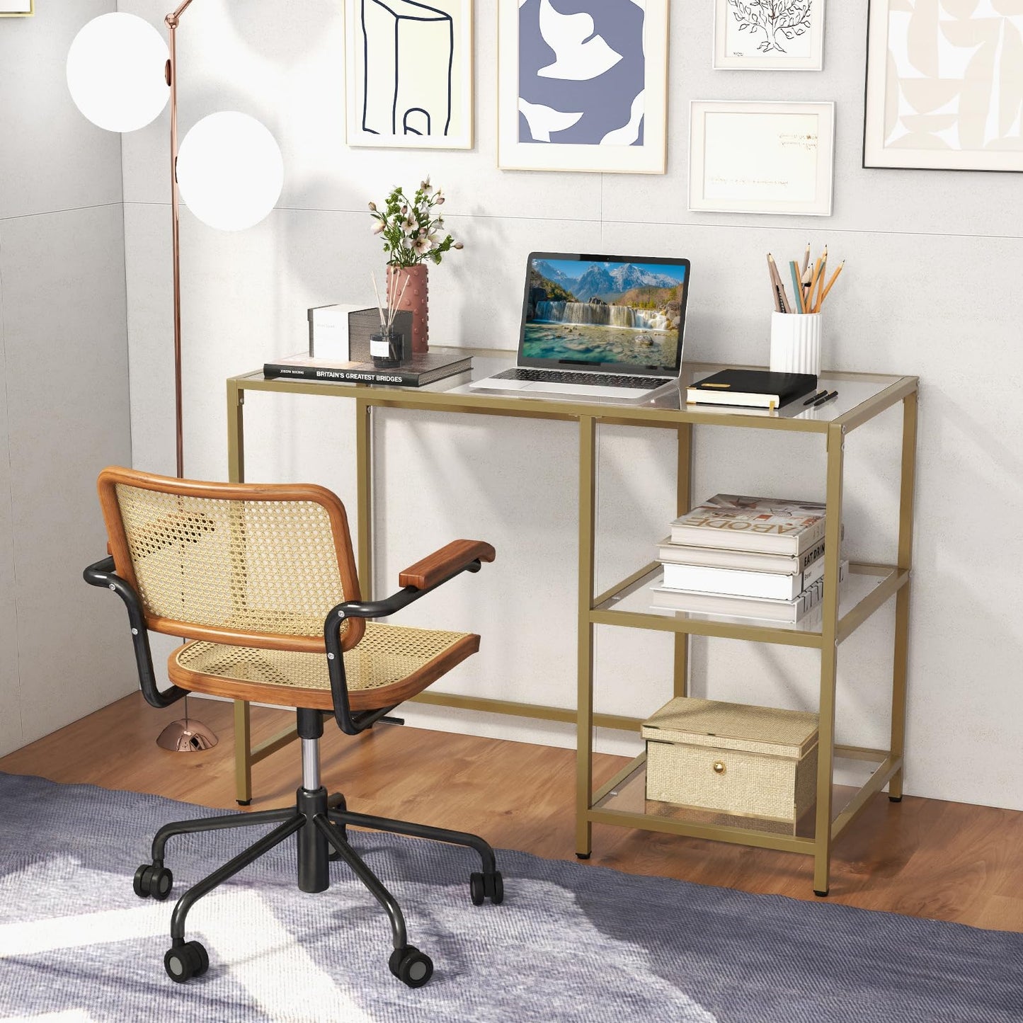 Modern Computer Desk, Tempered Glass Study Table Writing Workstation with Storage Shelf