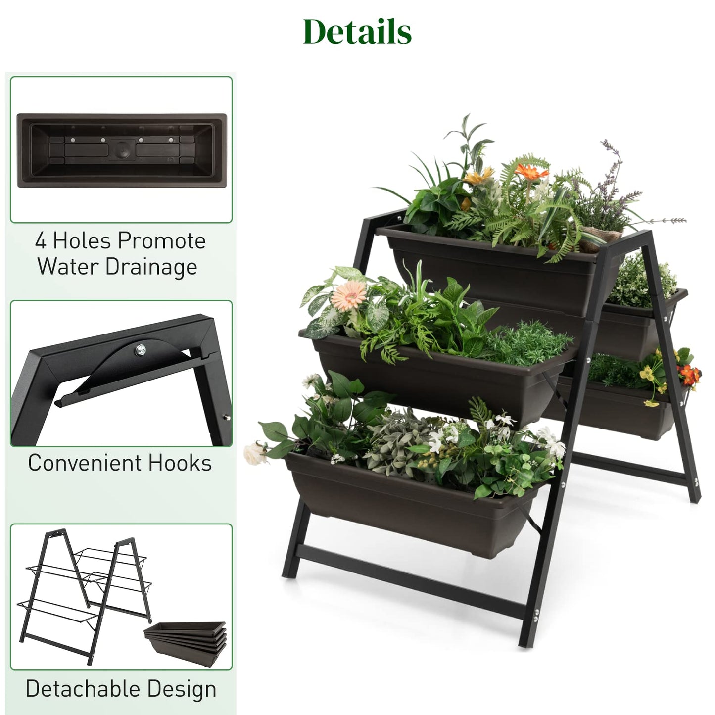 GiantexUK Raised Garden Bed, 3 Tier Vertical Ladder Planter with 5 Removable Trays and Drain Holes