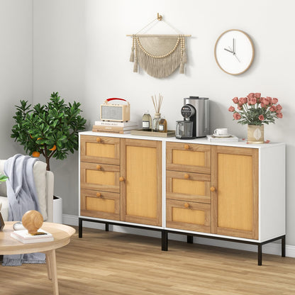 GiantexUK Rattan Kitchen Sideboard, Wooden Freestanding Cupboard with 3 Drawers, Door Cabinet & Metal Legs